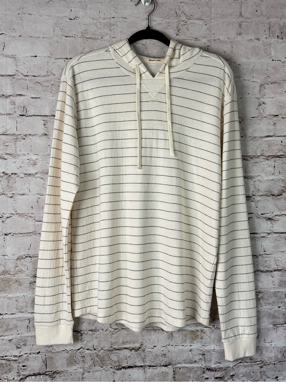 Marine Layer Men's Medium DK Pullover Hoodie Long Sleeve Shirt Striped Off White